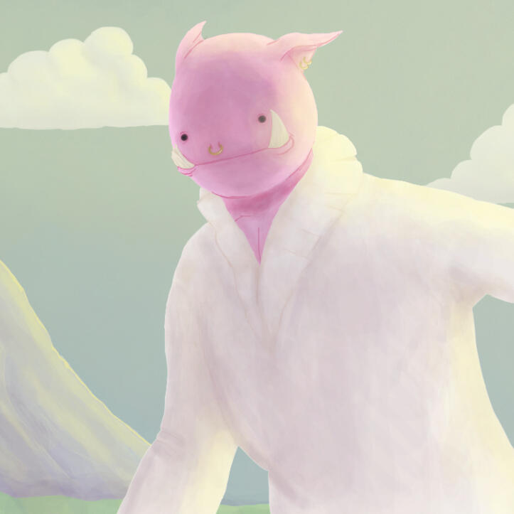 Fanart of YouTuber Technoblade's Minecraft skin. He is a humanoid pig with two piercings in one ear and a nose ring. He is bald. His face is reminiscent of Ditto from Pokémon.