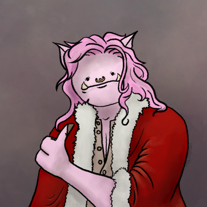 Fanart of the YouTuber Technoblade's Minecraft skin. He is a humanoid pig with pink hair, a red cloak, and a nose ring. His face is reminiscent of Ditto from Pokémon. He is doing a thumbs up gesture.