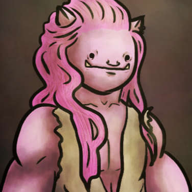 Fanart of the YouTuber Technoblade's Minecraft skin. He is a humanoid pig with pink hair. One ear has two piercings and he has a nose ring. His face is reminiscent of Ditto from Pokémon.